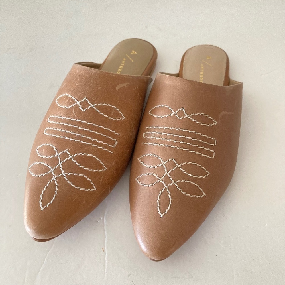 Anthropologie Western Pointed Toe Honey Leather Slides Sz 36
